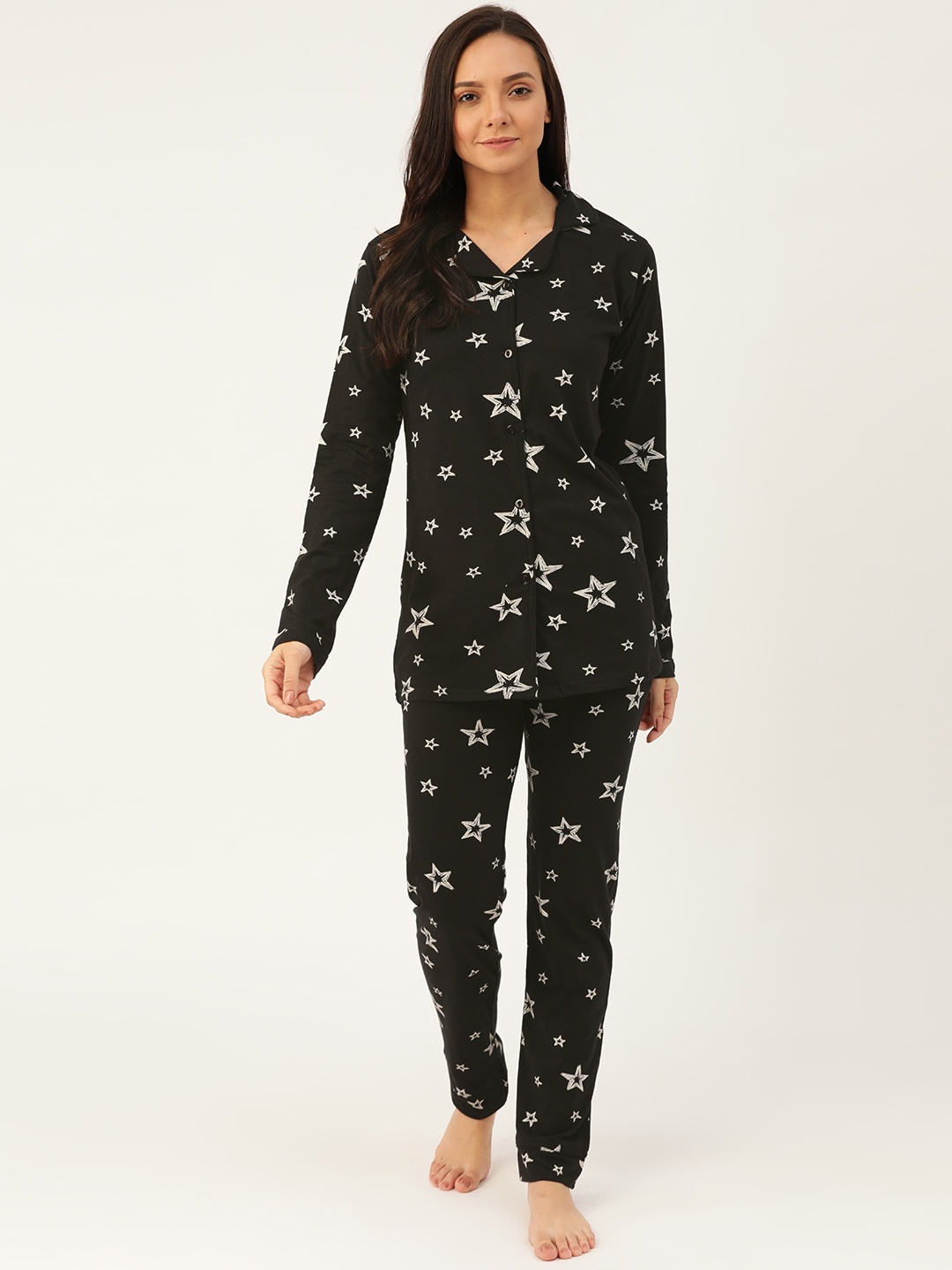 

MBeautiful Women Black & White Star Printed Night suit