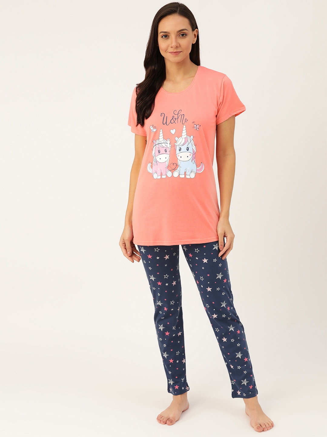 MBeautiful Women Coral Pink & Navy Blue Printed Night suit