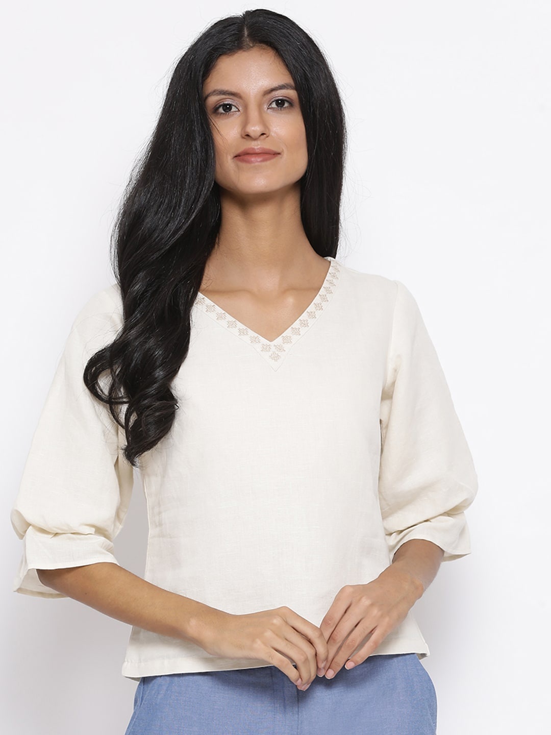 

ROOTED Women Cream-Coloured Embroidered Top