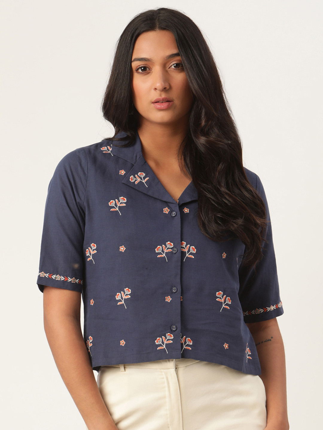 

ROOTED Women Navy Blue Embroidered Shirt Style Top