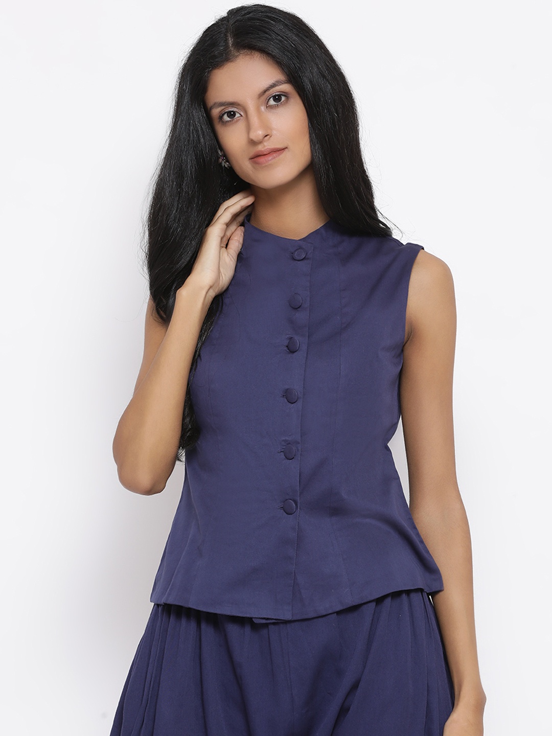 

ROOTED Women Navy Blue Solid Shirt Style Top