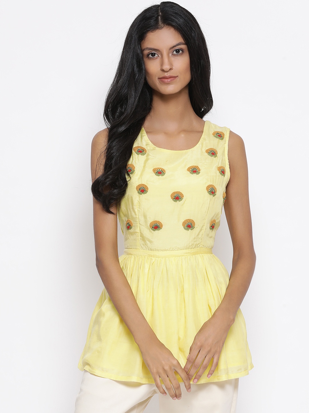 

ROOTED Women Yellow Embroidered Cinched Waist Top