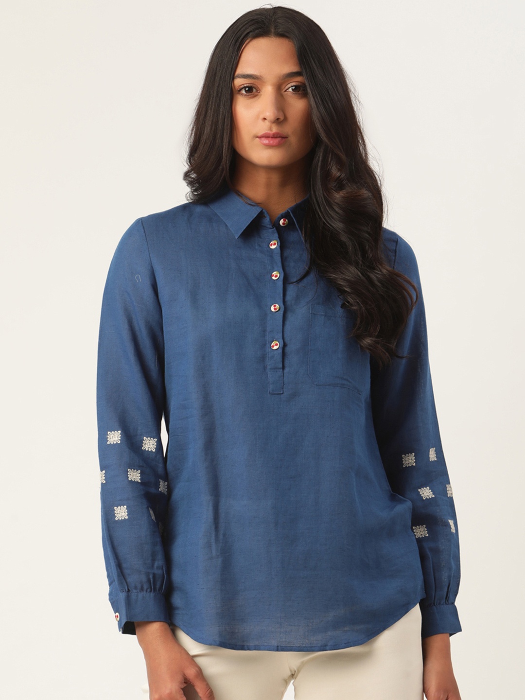 

ROOTED Women Blue Embroidered Shirt Style Top