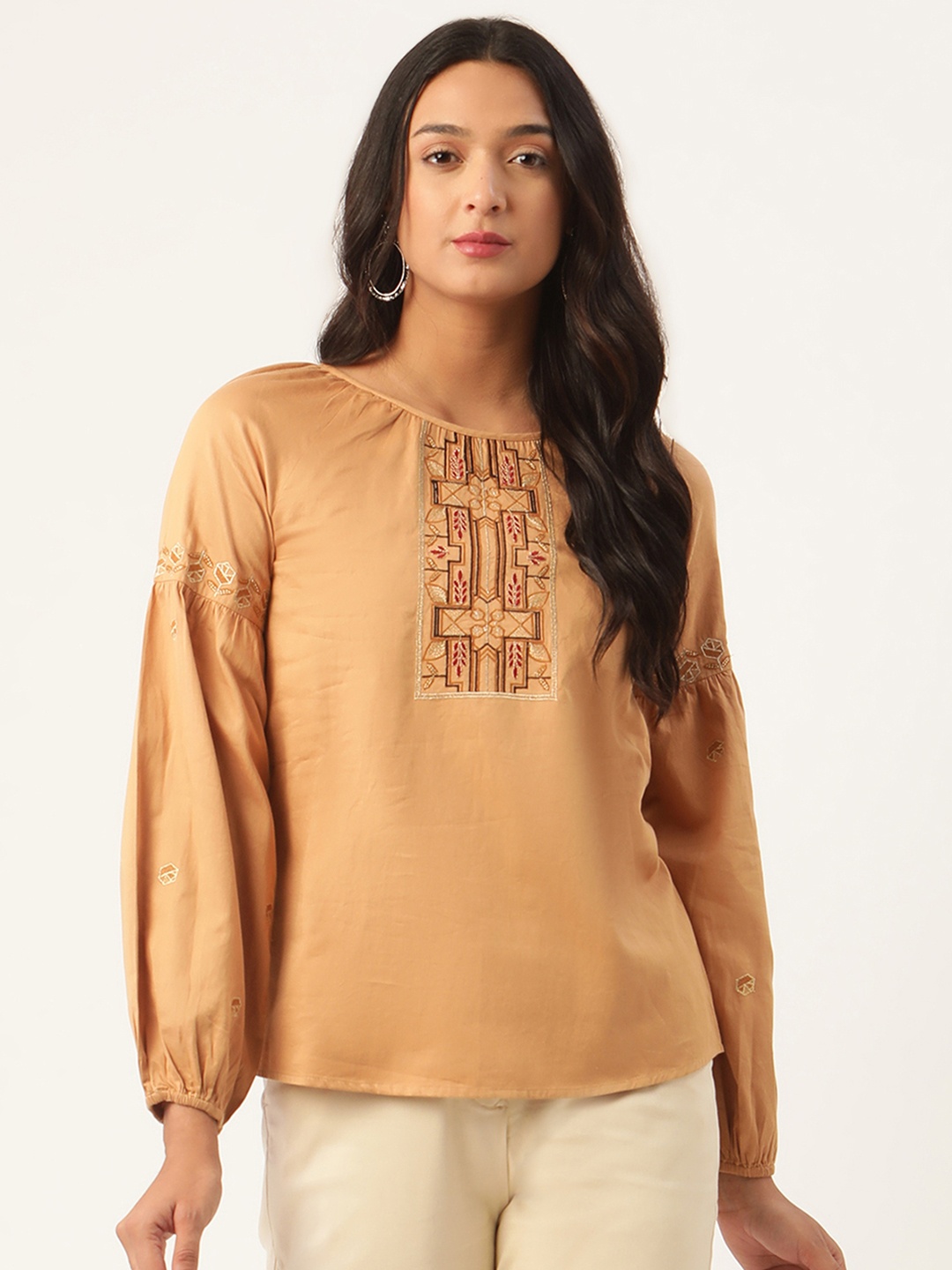 

ROOTED Women Beige Embroidered Top