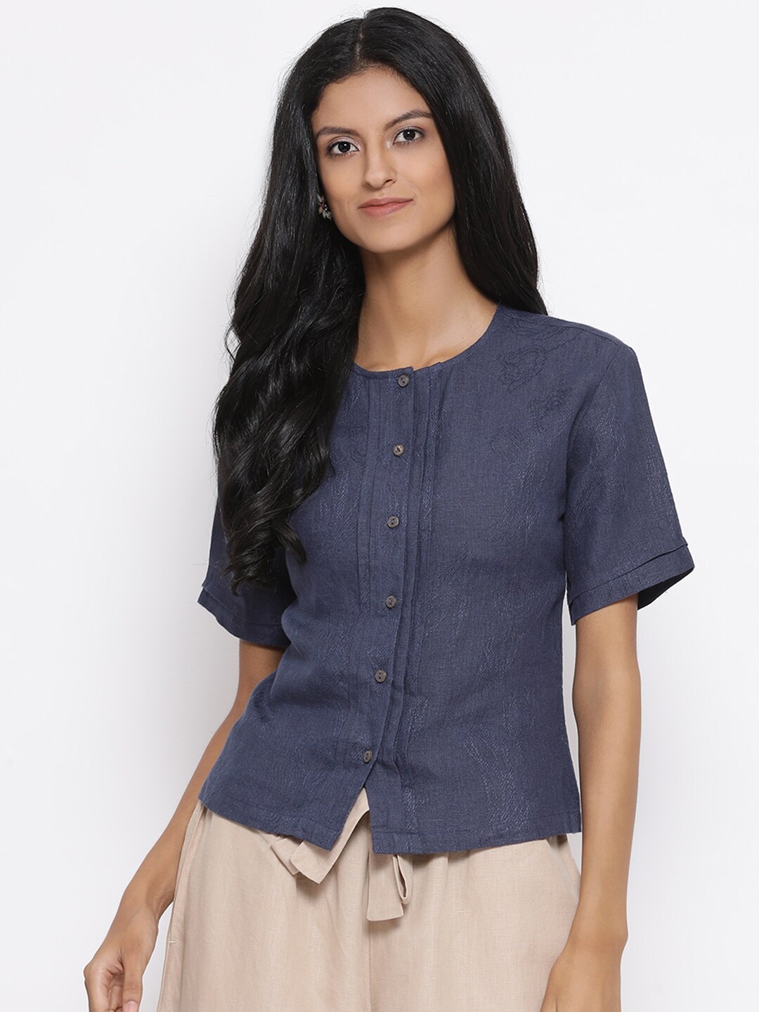

ROOTED Women Navy Blue Solid Linen Top