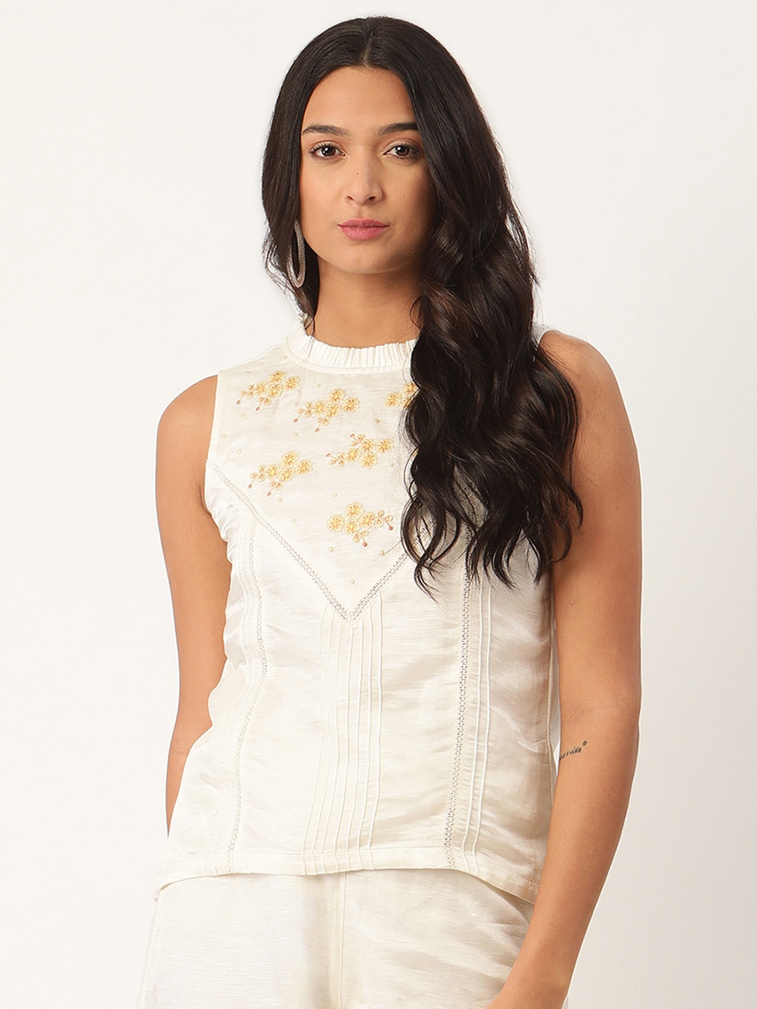 

ROOTED Women White Printed Linen Top