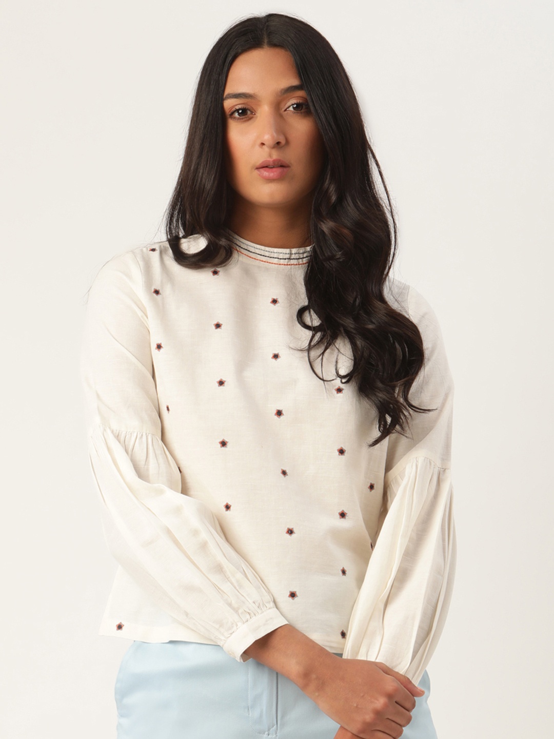 

ROOTED Women White Embroidered Top
