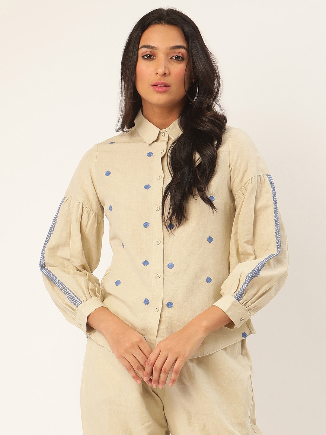 

ROOTED Women Off-White Embroidered Shirt Style Top