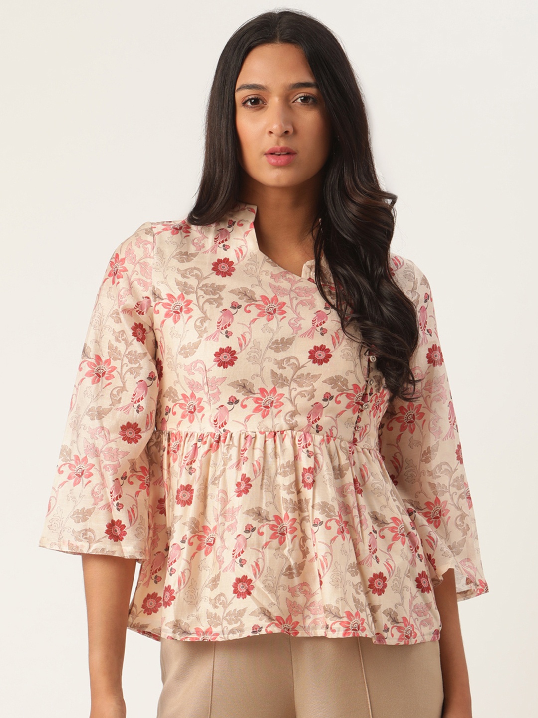 

ROOTED Women Off-White & Pink Floral Printed Peplum Top