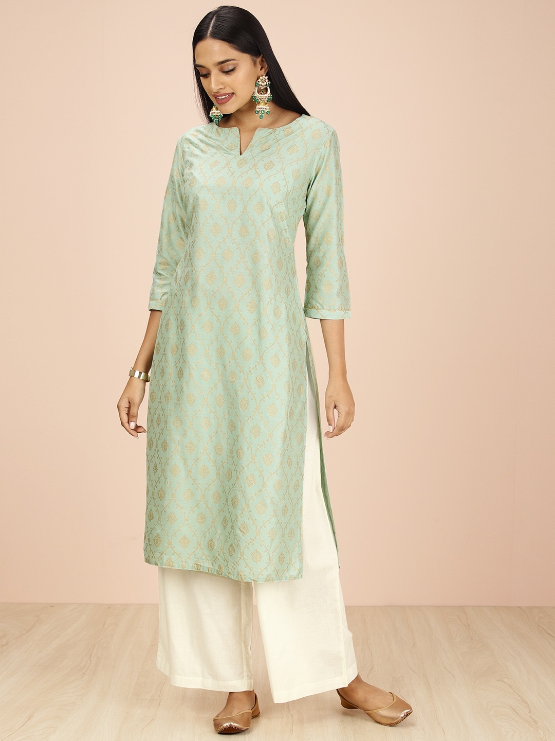 

all about you Women Green & Off-White Ethnic Woven Design Kurta with Palazzos
