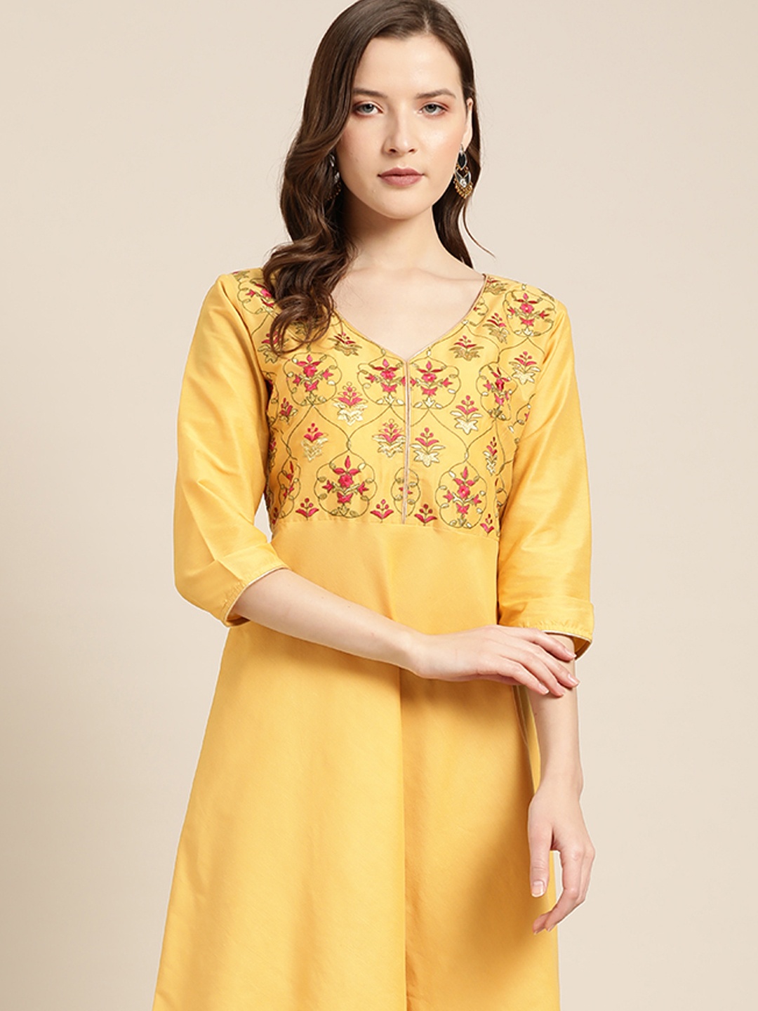 

all about you Women Mustard Yellow Embroidered Yoke Design Kurta with Trousers