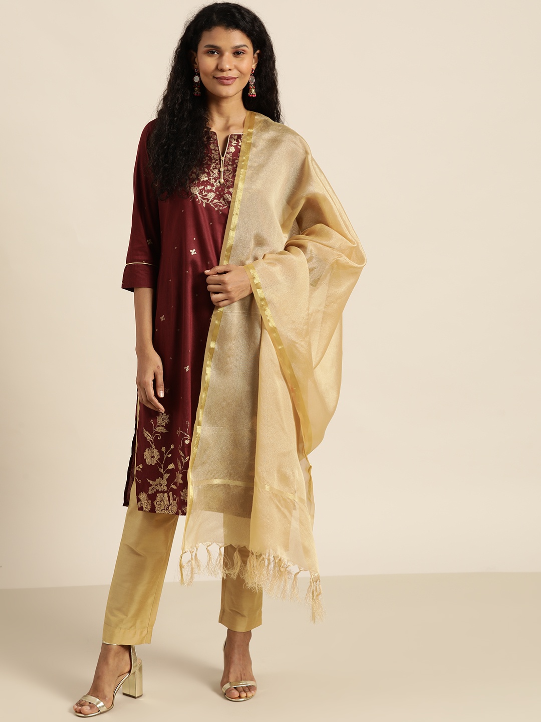 

all about you Women Rust Brown & Beige Printed Kurta with Trousers & Dupatta
