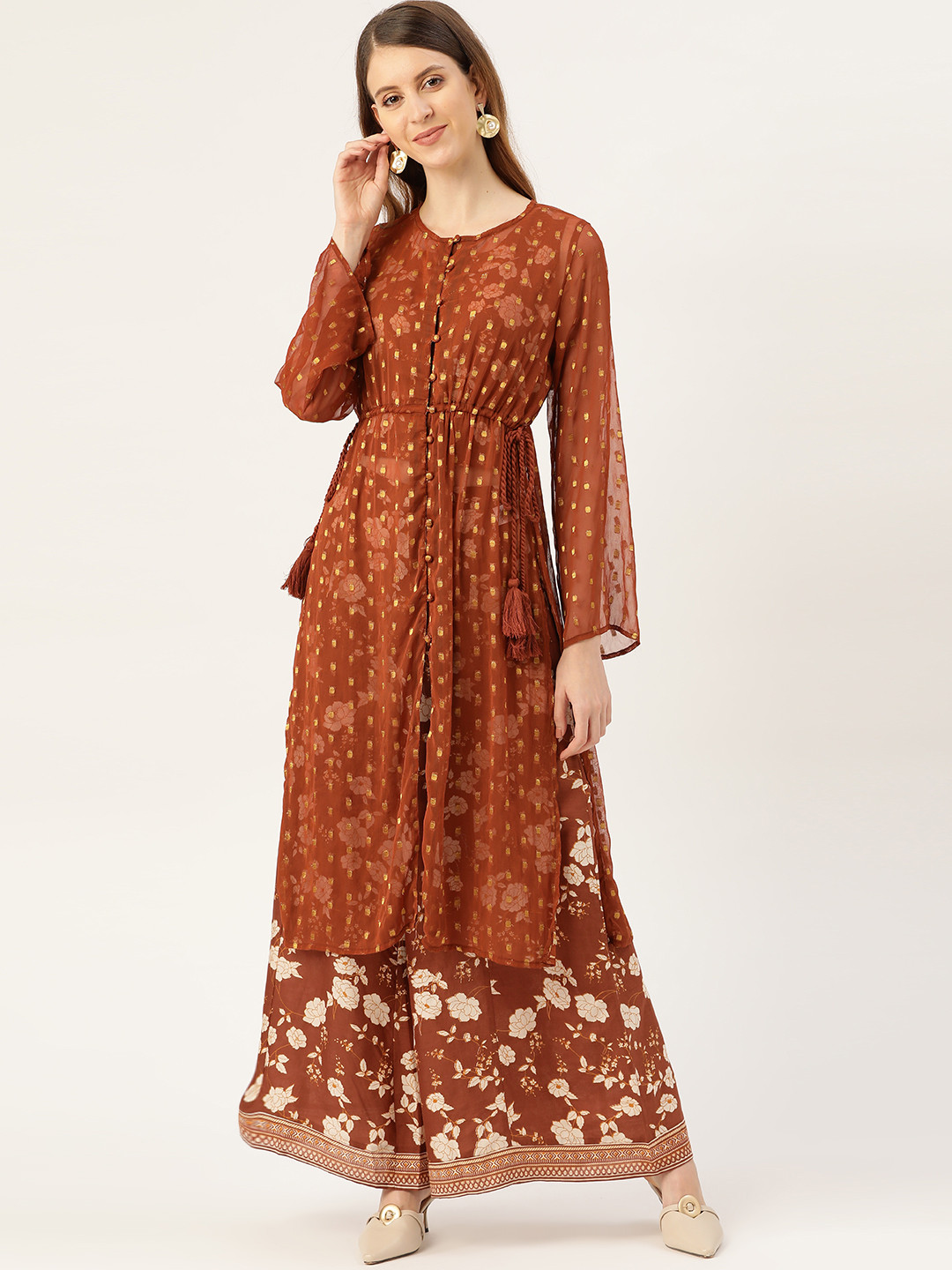 

all about you Women Brown & Off-White Layered Printed Crop Top with Palazzos