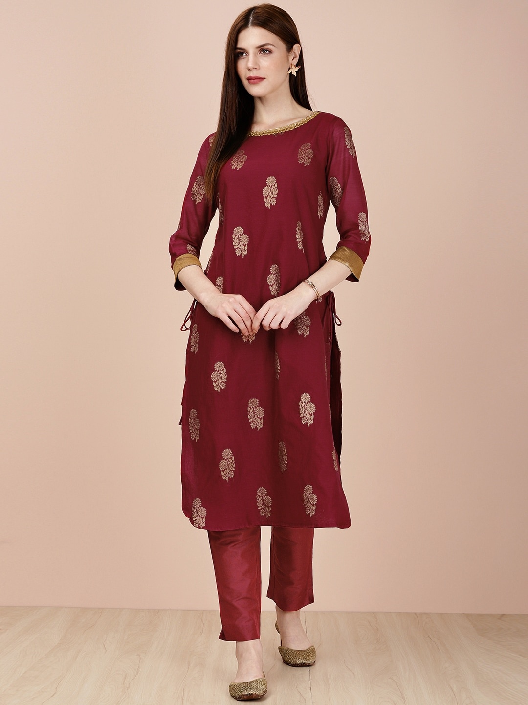 

all about you Women Maroon & Golden Ethnic Woven Design Kurta with Trousers