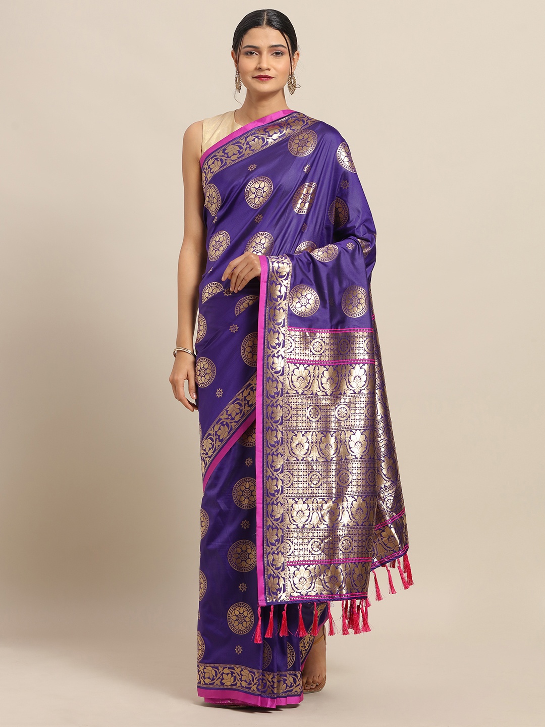 

VASTRANAND Purple & Gold-Toned Silk Blend Woven Design Banarasi Saree
