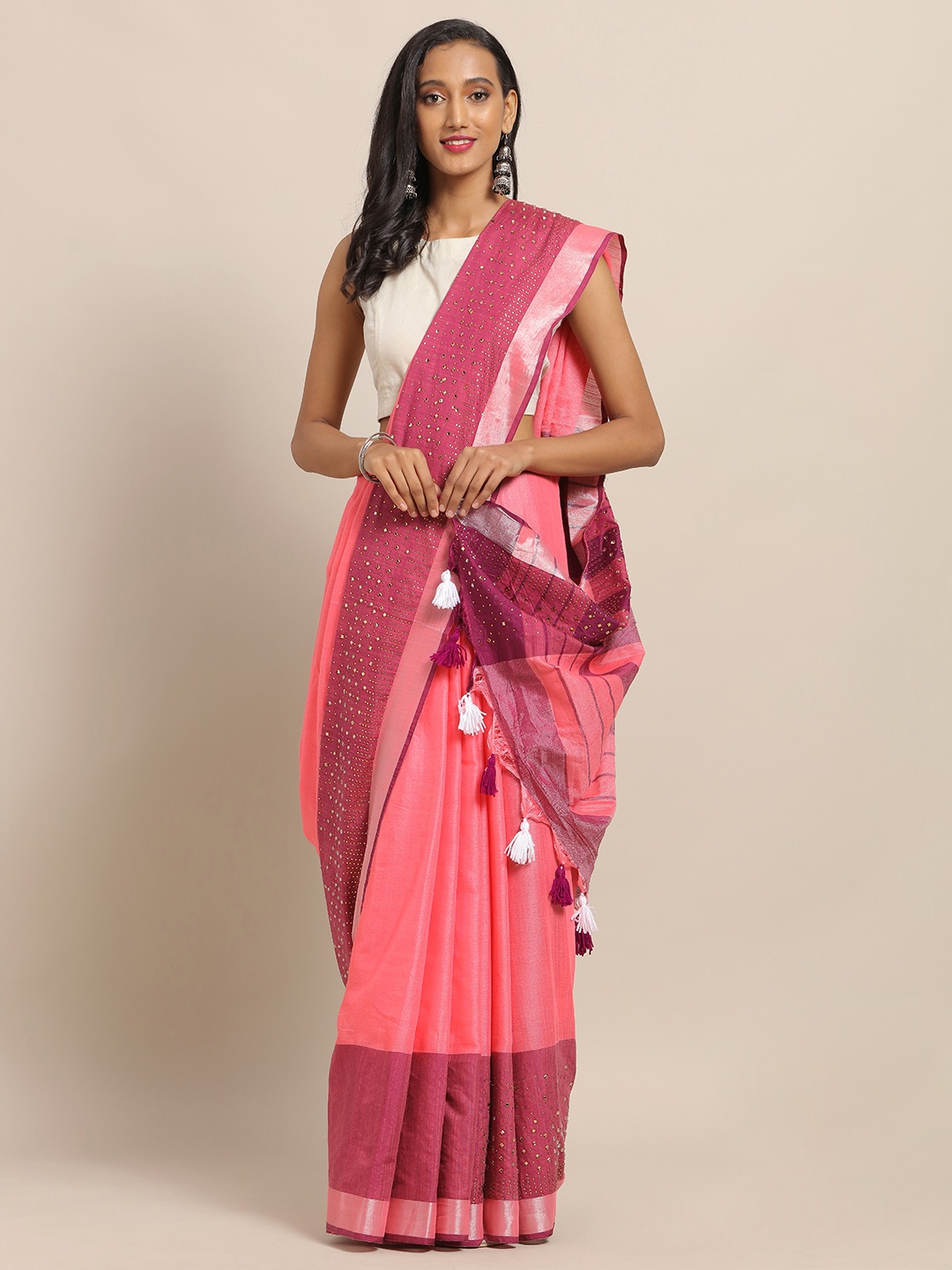 

VASTRANAND Pink Linen Blend Embellished Banarasi Saree