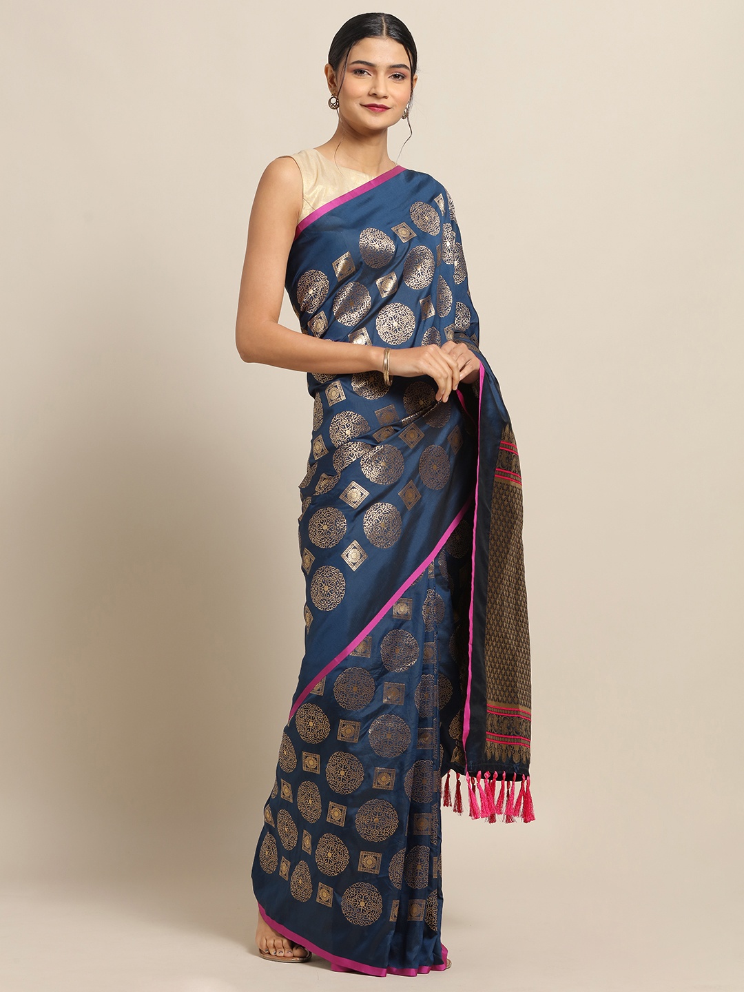 

VASTRANAND Teal Blue & Pink Silk Blend Woven Design Kesari Paithani Banarasi Saree