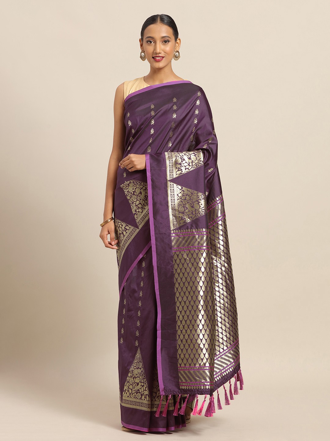 

VASTRANAND Purple & Pink Silk Blend Woven Design Banarasi Saree