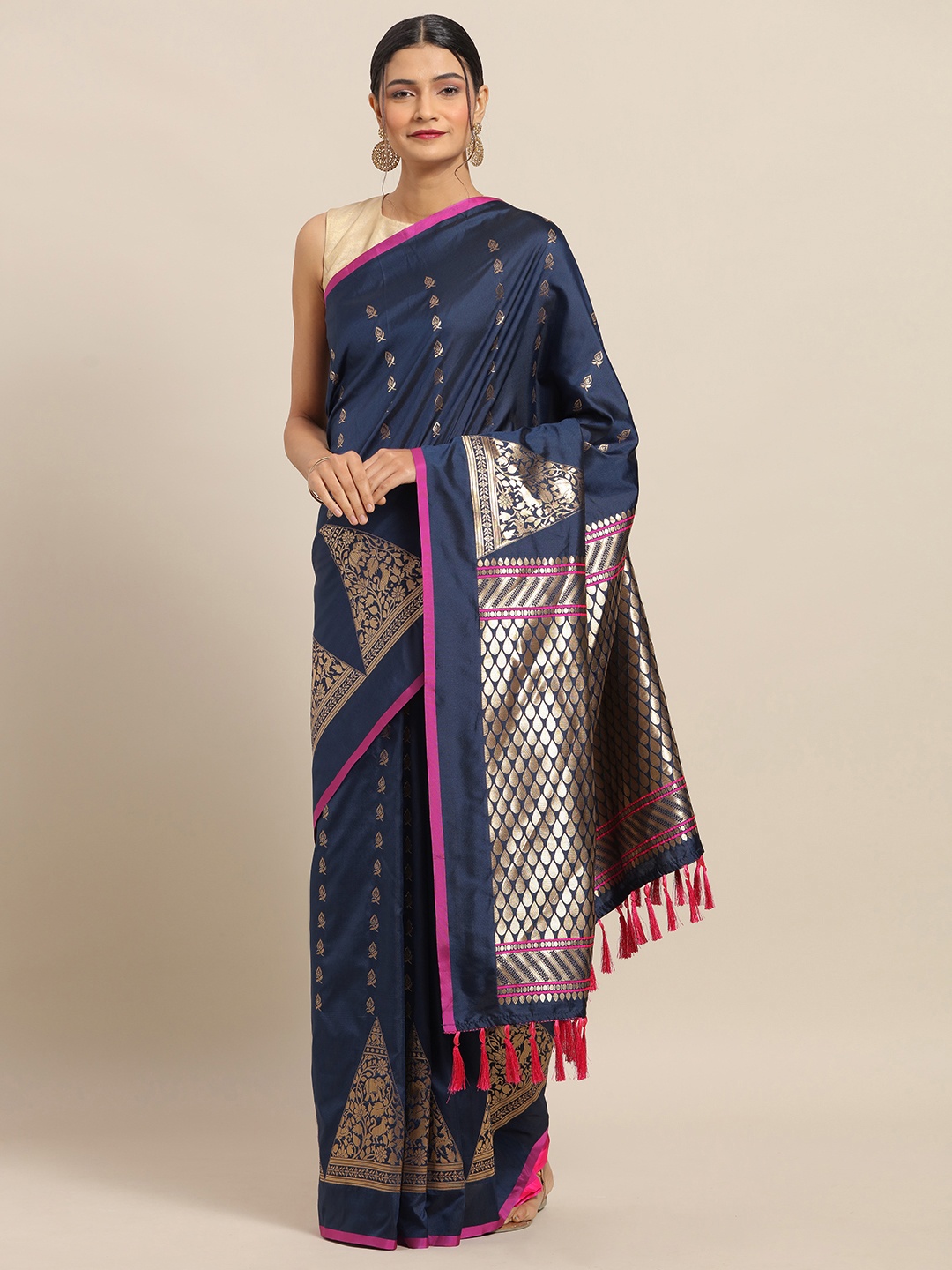 

VASTRANAND Navy Blue & Pink Silk Blend Woven Design Banarasi Saree