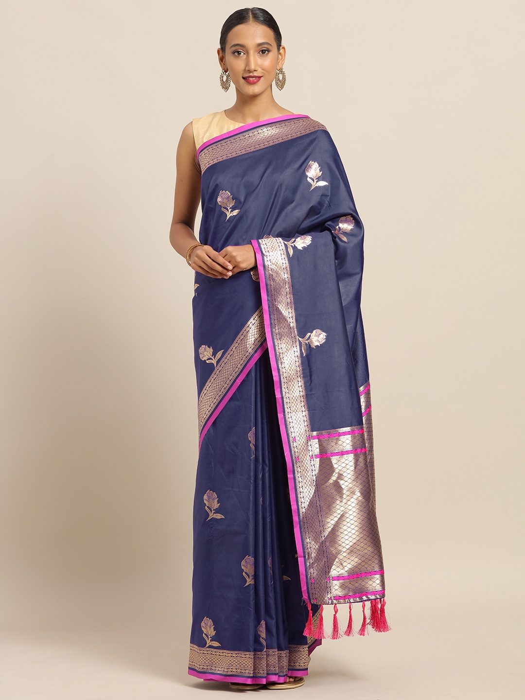 

VASTRANAND Blue & Pink Silk Blend Woven Design Banarasi Saree