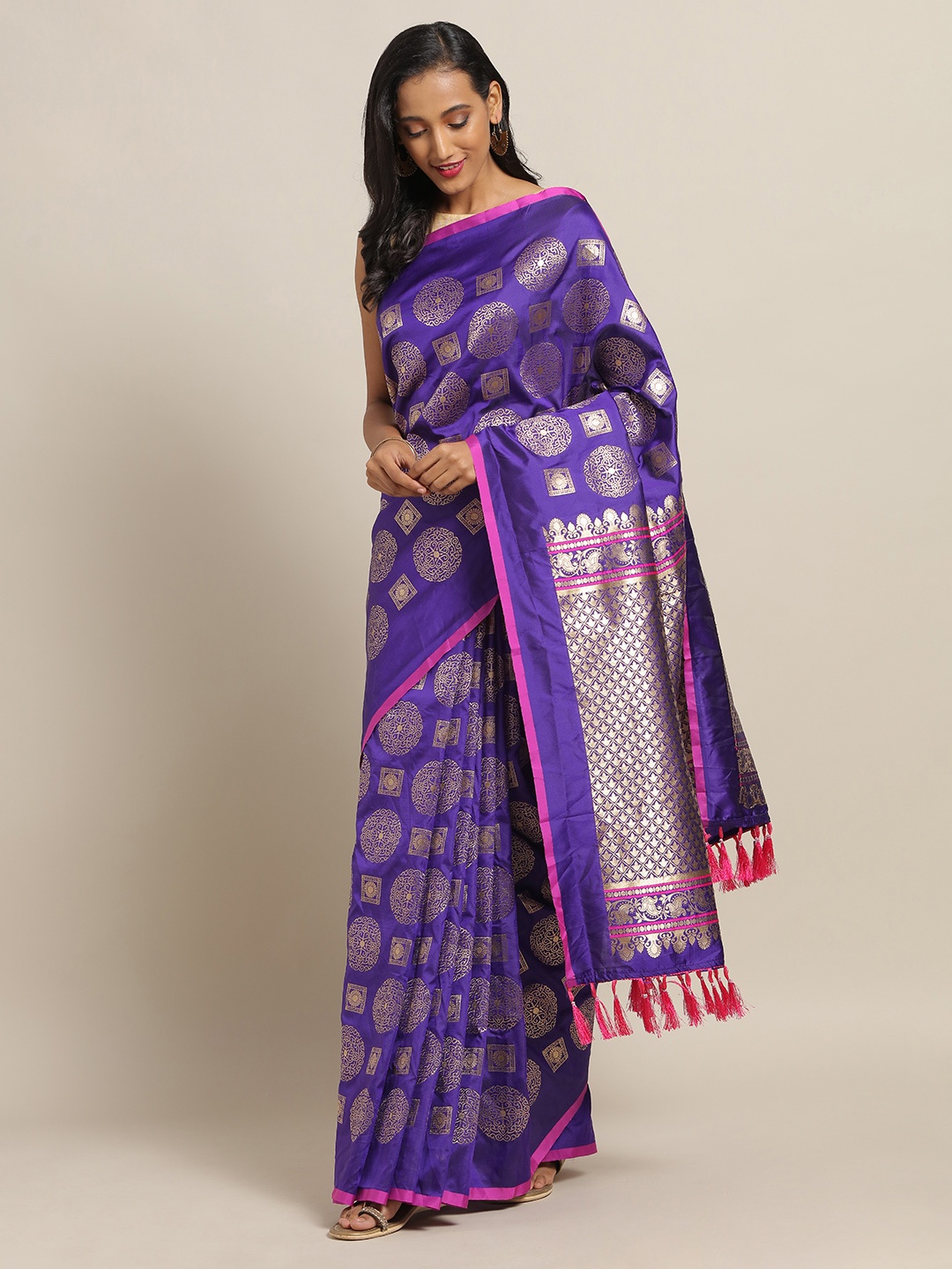 

VASTRANAND Purple & Golden Silk Blend Woven Design Banarasi Saree