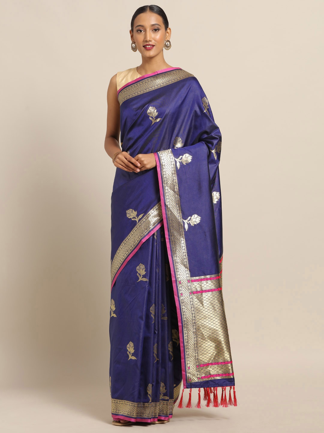 

VASTRANAND Navy Blue & Pink Silk Blend Woven Design Banarasi Saree