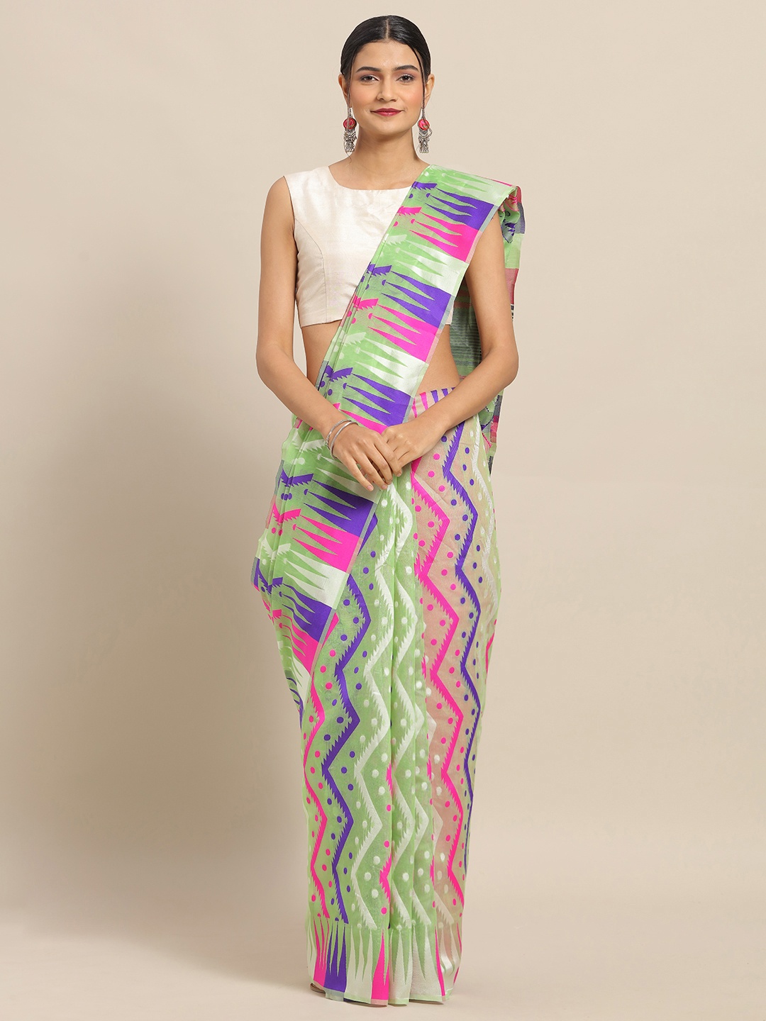 

VASTRANAND Green & Pink Silk Blend Printed Jamdani Saree