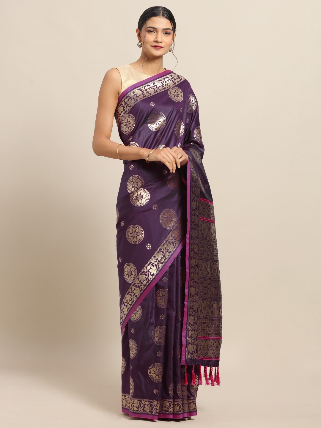 

VASTRANAND Purple & Gold-Coloured Silk Blend Woven Design Kesari Paithani Banarasi Saree