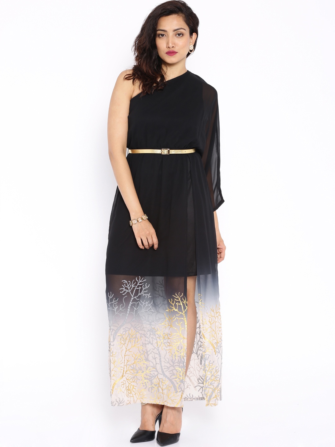 

Global Desi Black Printed One-Shoulder Maxi Dress