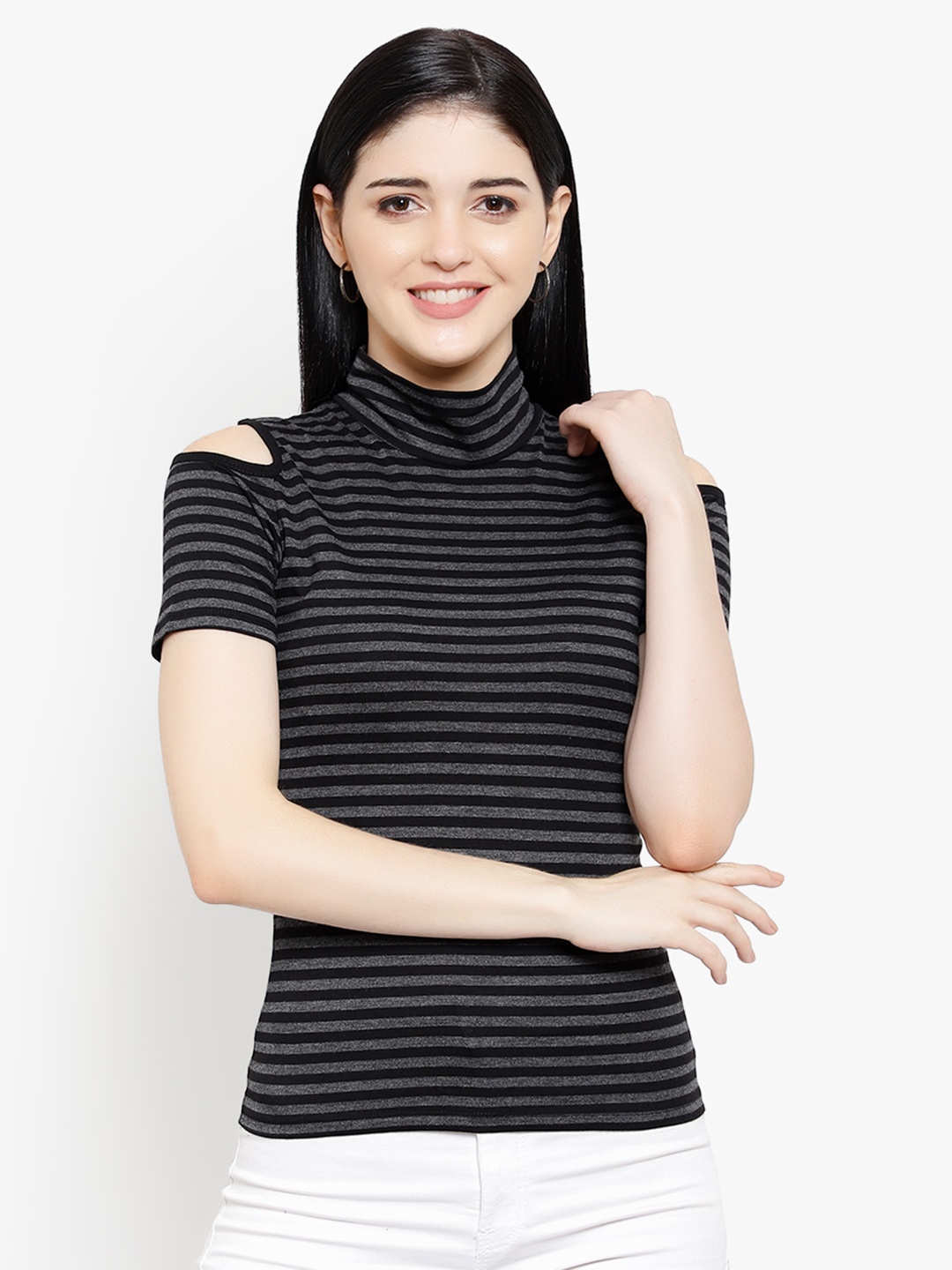

LE BOURGEOIS Women Black & Grey Striped Top