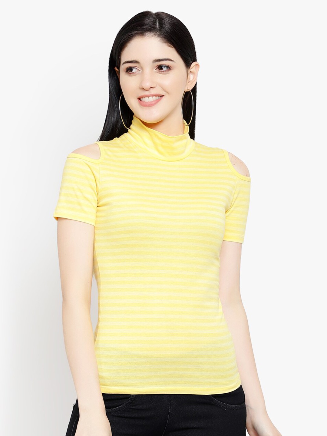 

LE BOURGEOIS Women Yellow Striped High Neck Top