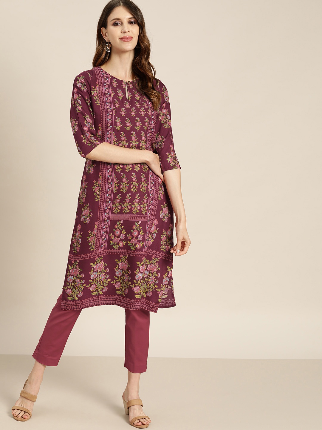 

all about you Women Maroon & Green Ethnic Motifs Printed Keyhole Neck Straight Kurta