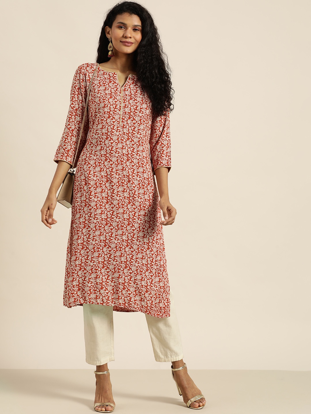 

all about you Women White & Rust Orange Printed Straight Kurta