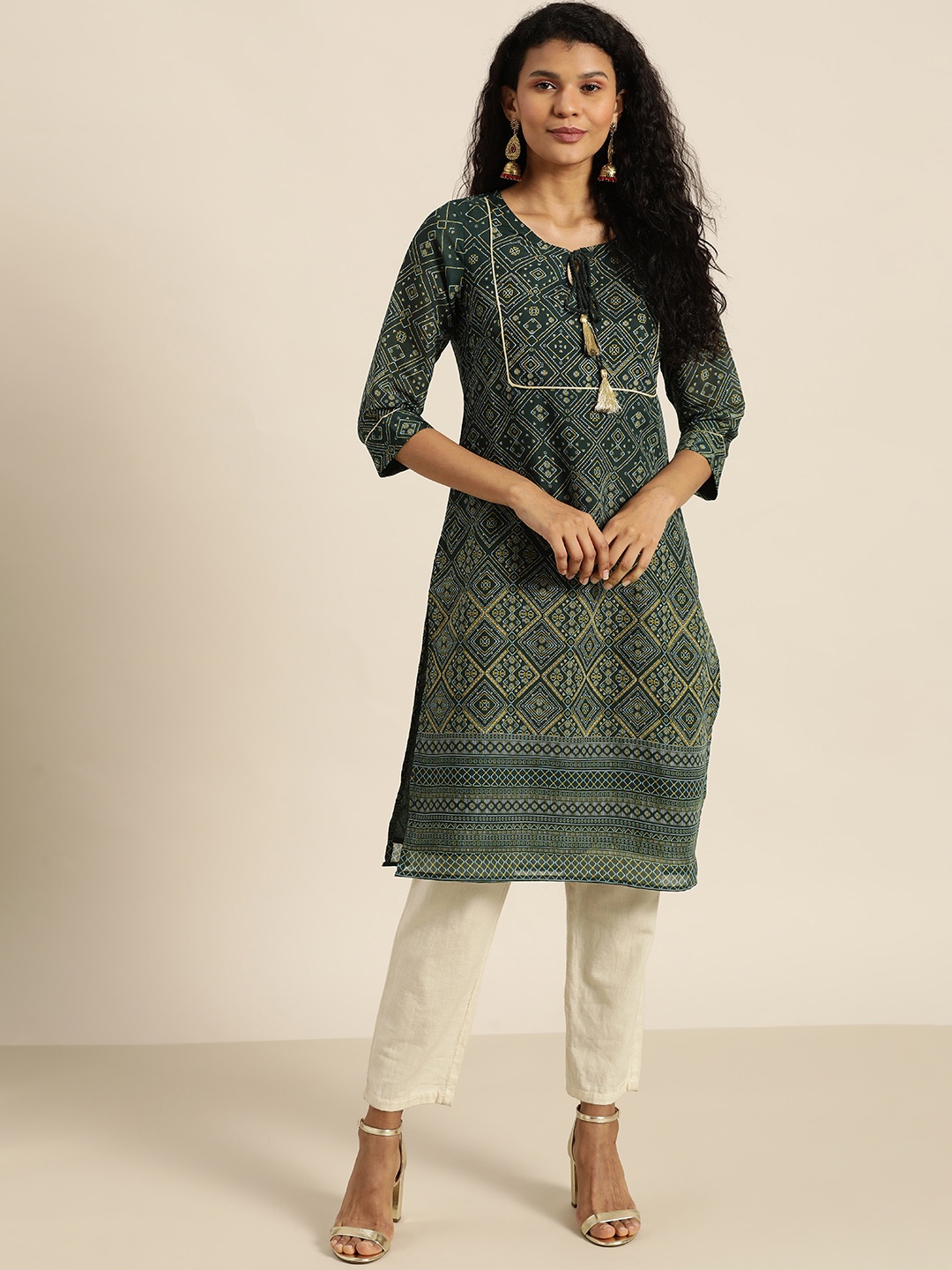 

all about you Women Teal Green & Mustard Yellow Geometric Print Straight Kurta
