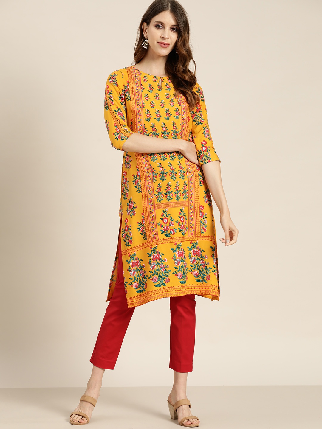

all about you Women Mustard Yellow & Green Printed Keyhole Neck Straight Kurta