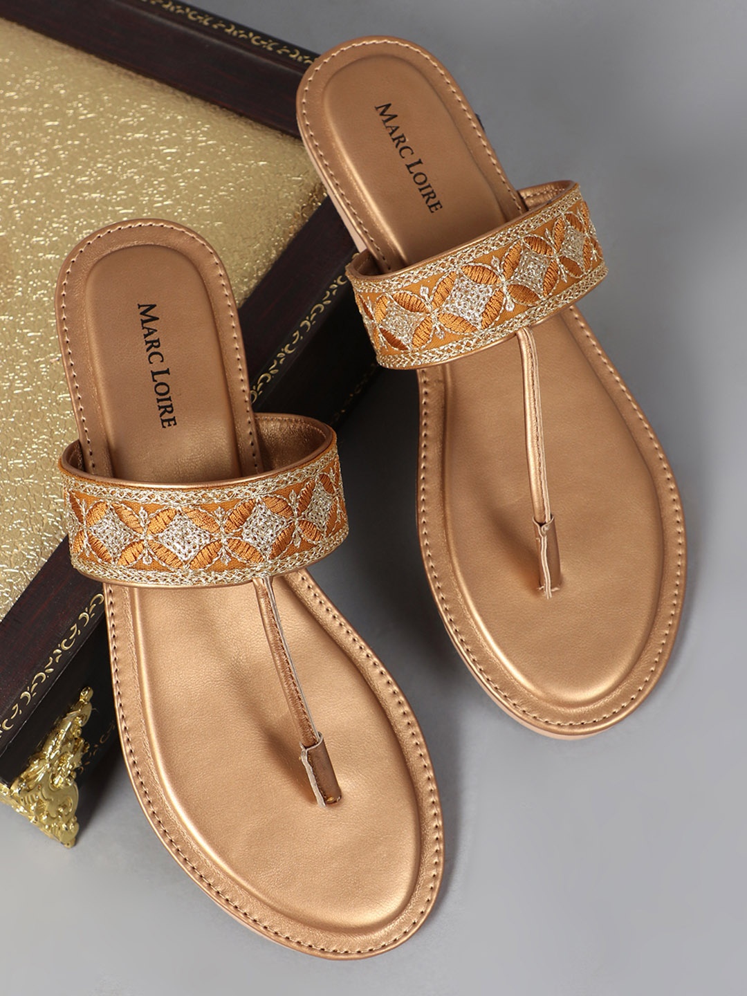 

Marc Loire Women Mustard Yellow & Gold-Toned Embroidered T-Strap Flats