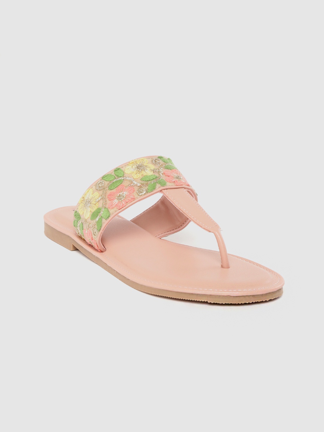 

Marc Loire Women Peach-Coloured & Green Floral Embroidered T-Strap Flats