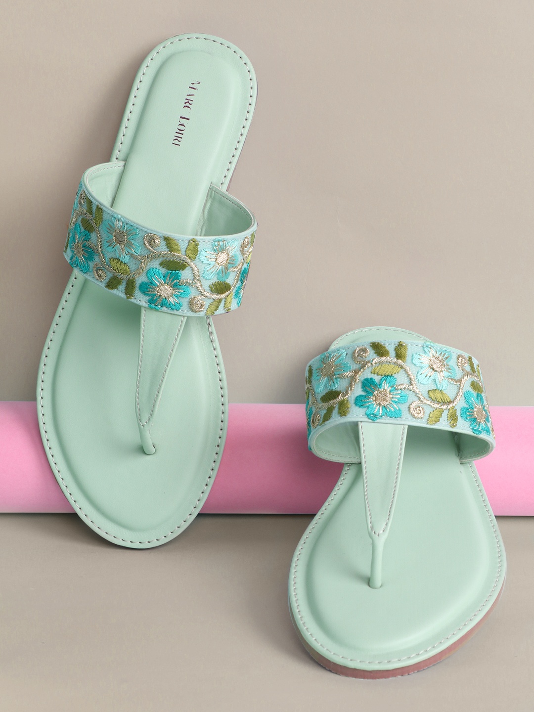 

Marc Loire Women Mint Green & Gold-Toned Embroidered T-Strap Flats