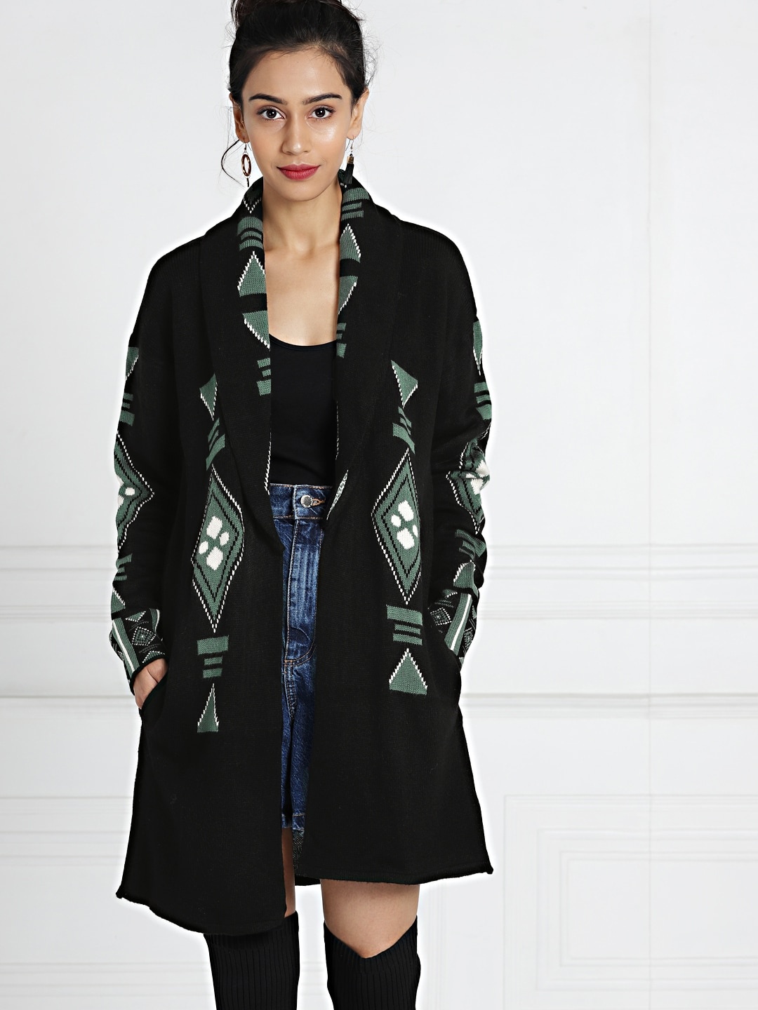 

all about you Black & Green Self Design Open Front Longline Shrug