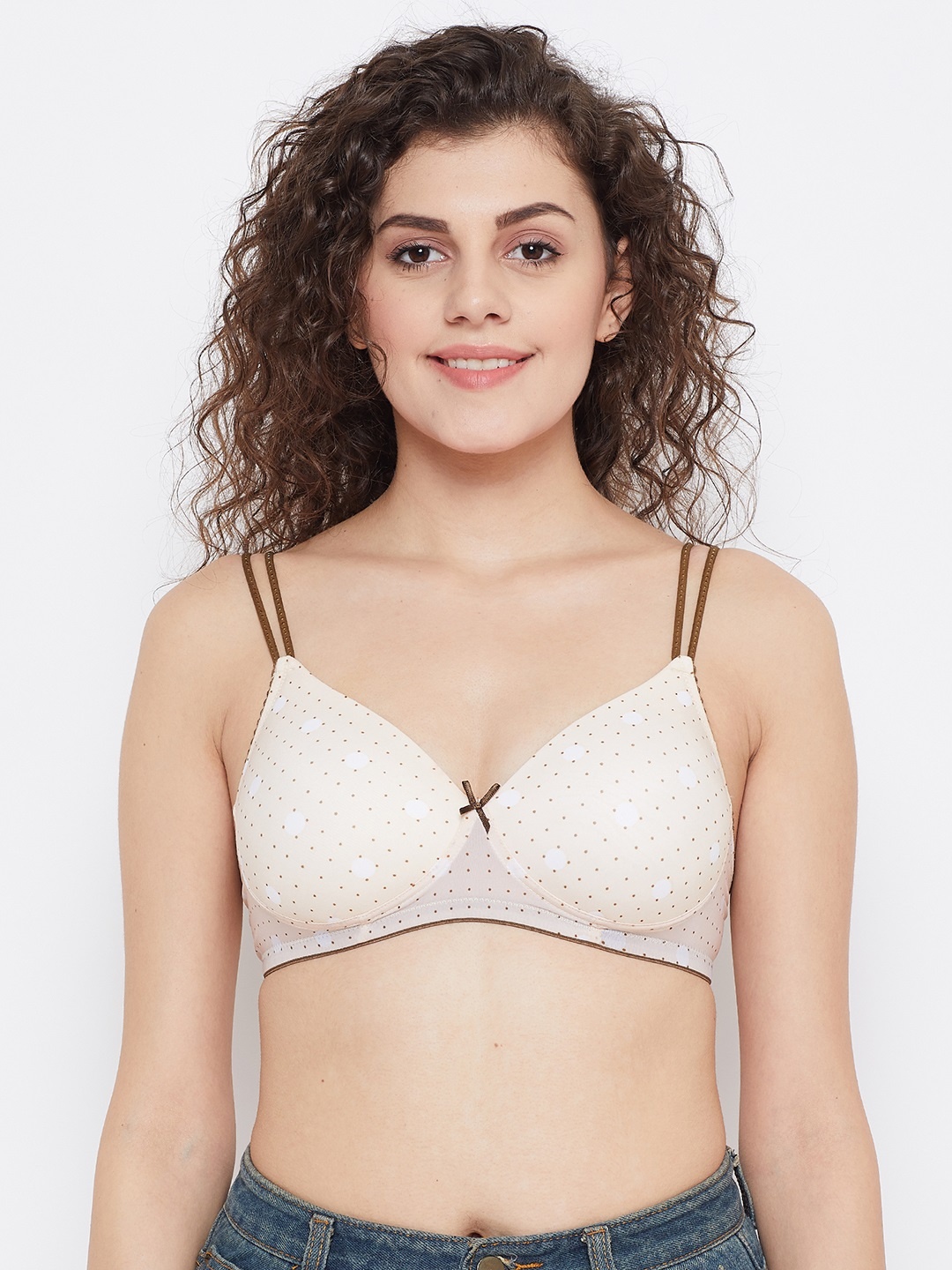 

Clovia Off-White & Olive Brown Printed Non-Wired Heavily Padded T-shirt Bra BR1067A2432B