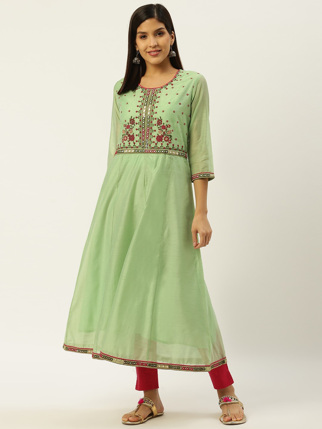

RANGMAYEE Women Green & Pink Embroidered and Mirror Work A-Line Kurta