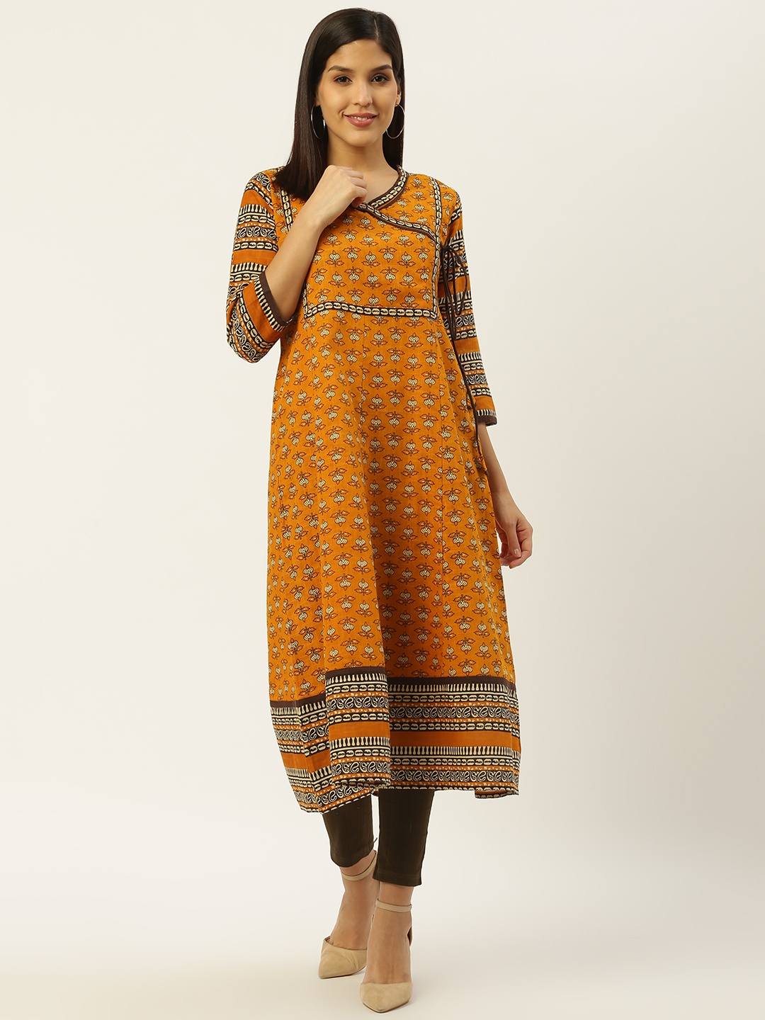 

RANGMAYEE Women Orange & Crram-Coloured Printed Angrakha A-Line Kurta