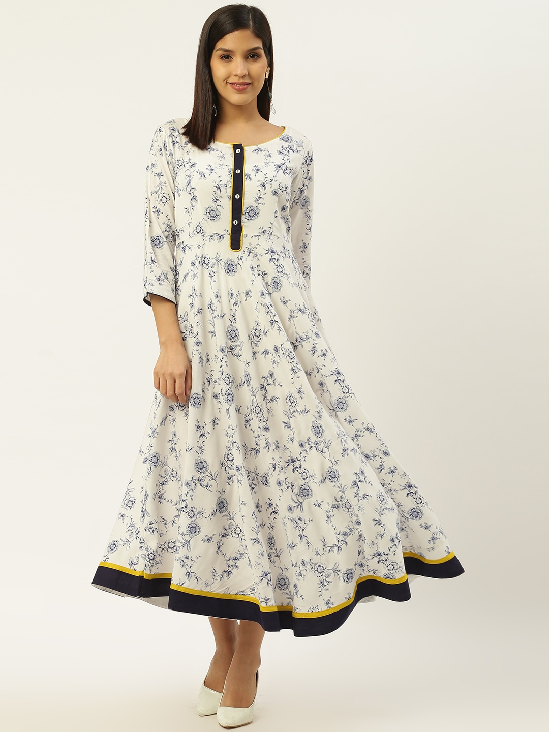 

RANGMAYEE Women White & Navy Blue Floral Print Maxi Dress