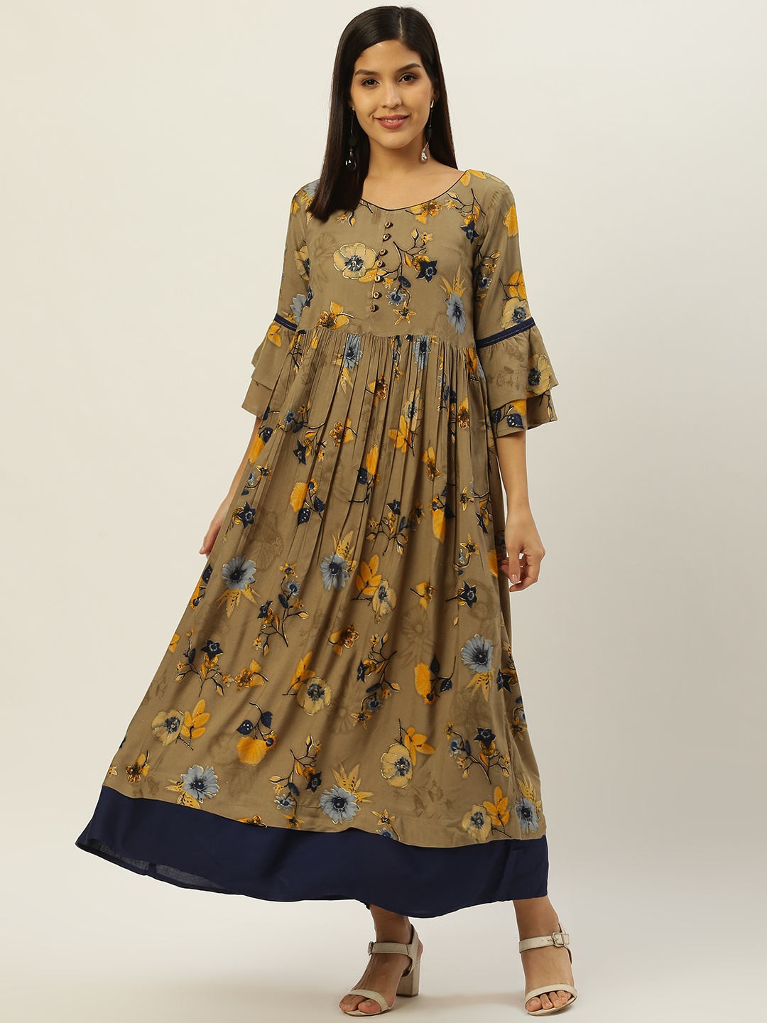

RANGMAYEE Women Brown & Mustard Yellow Floral Print Maxi Dress