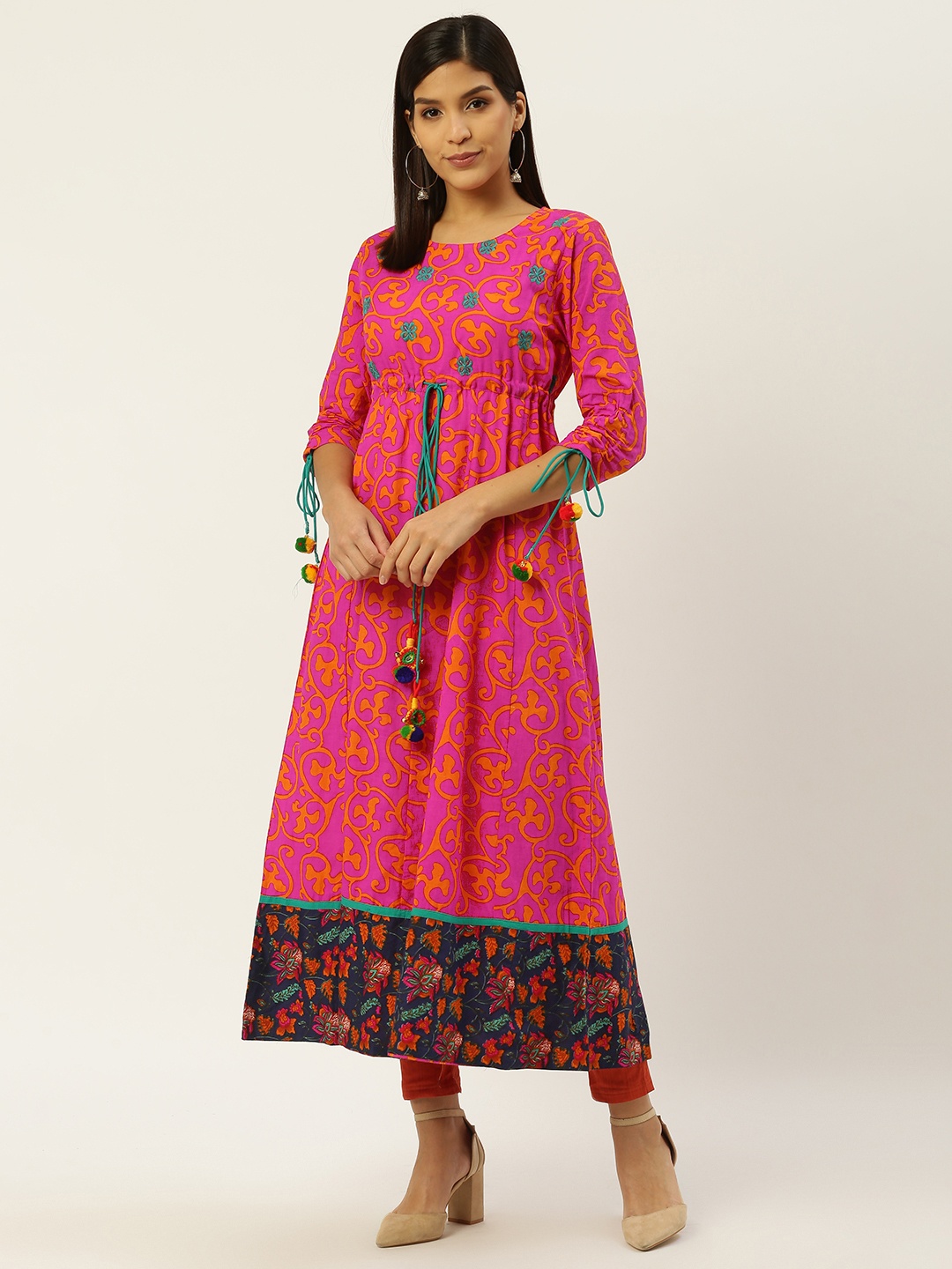 

RANGMAYEE Women Pink & Orange Ethnic Motifs Print A-Line Kurta with Embroidered Detail