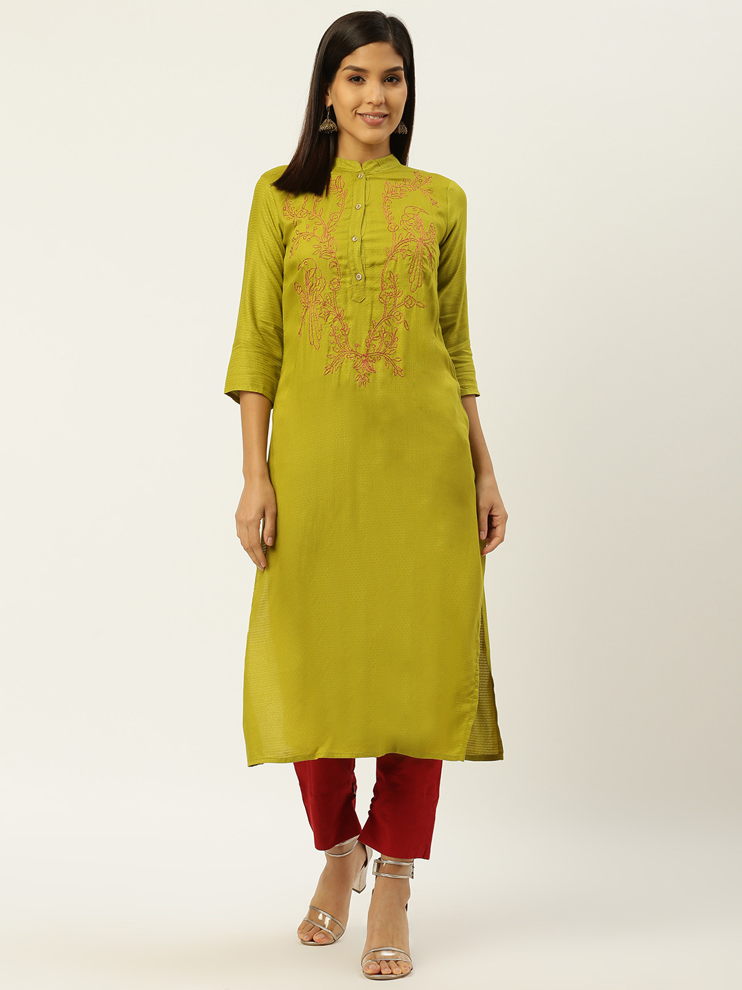 

RANGMAYEE Women Green & Maroon Yoke Design Kurta with Trousers
