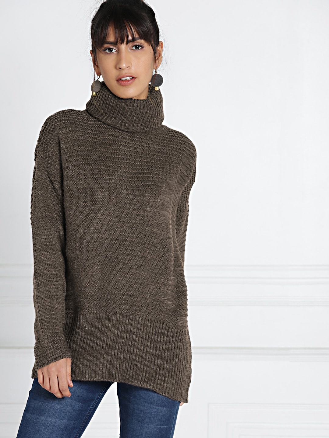 

all about you Women Brown Solid High Neck Sweater