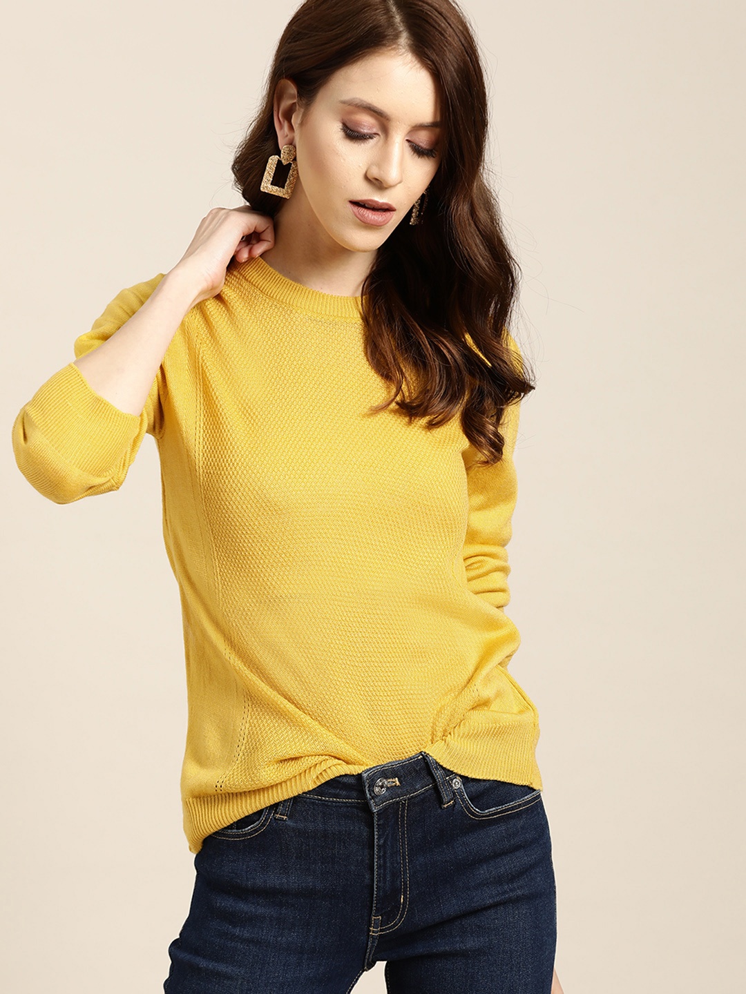 

all about you Women Mustard Yellow Self Design Pullover