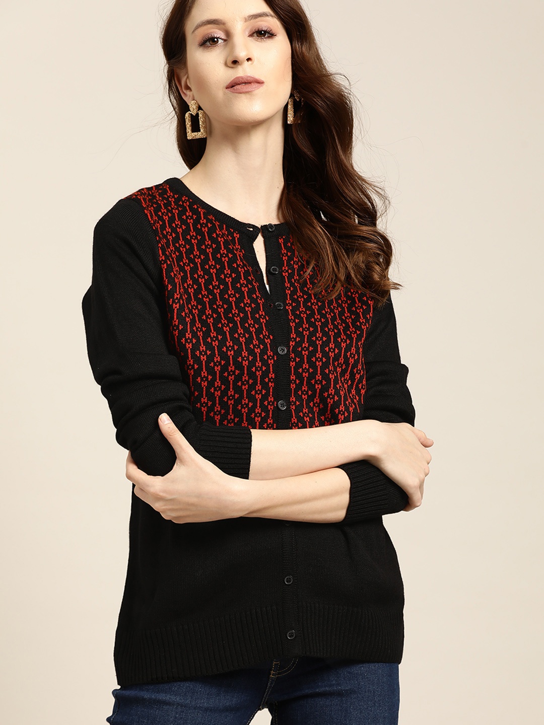 

all about you Women Black & Orange Self Design Cardigan