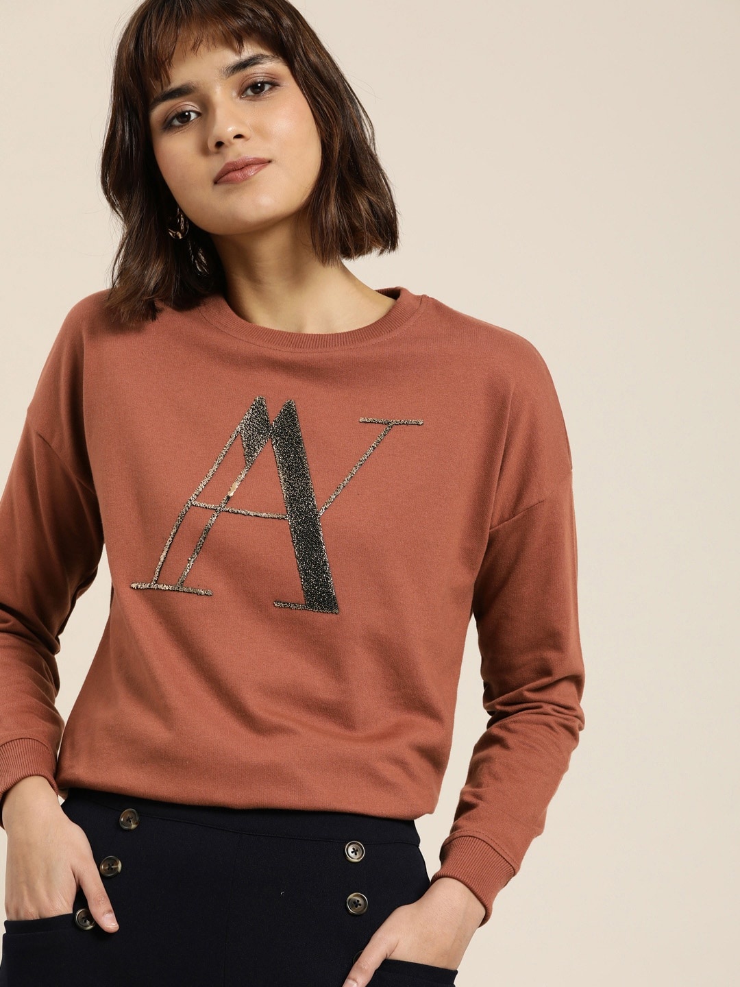 

all about you Women Rust Brown Self Design Embellished Sweatshirt
